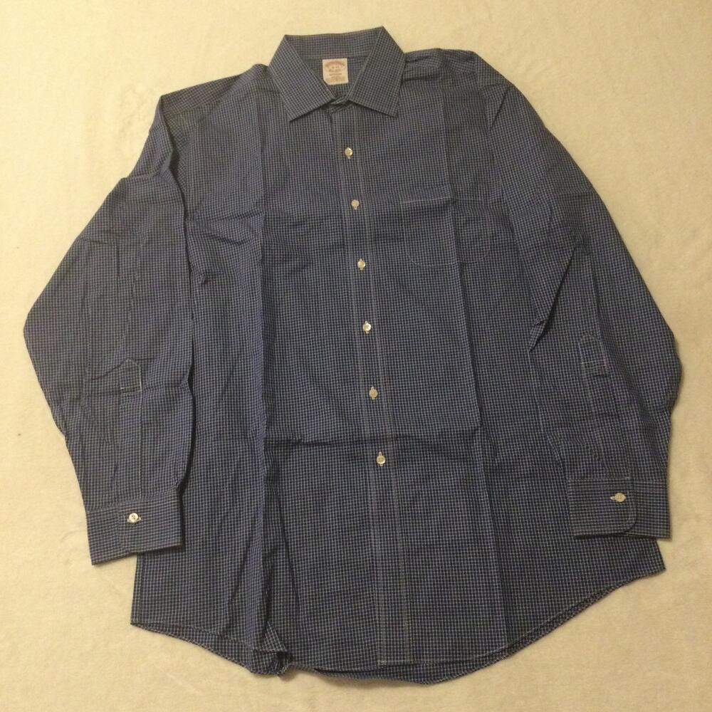 Brooks Brothers Dress Shirt Men 16-34 Blue Cotton Madison Non-Iron Check Work